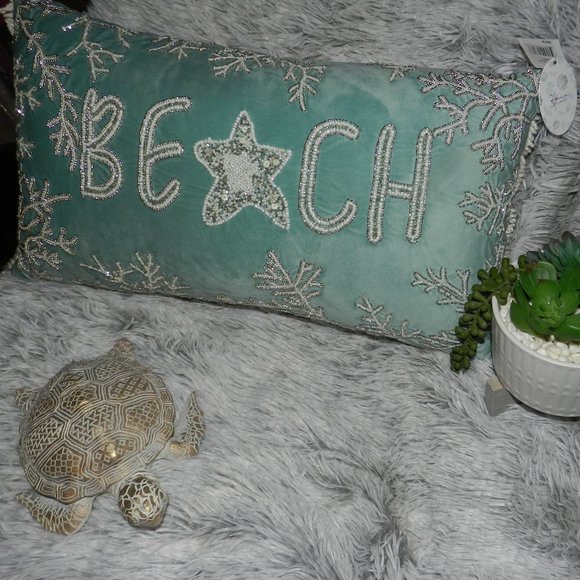 Admaira Home Beaded "Beach" Decorative Throw Statement Suede Pillow Aqua NWT - Picture 6 of 15